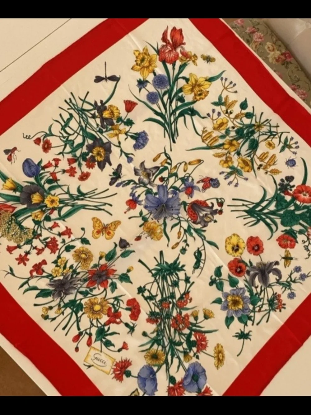 Gucci Floral Silk Scarf with Red Border